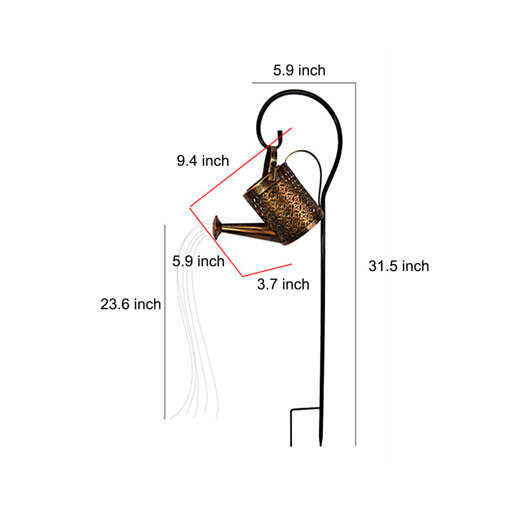 Solar watering can light dimension diagram showing the fixture, hook, and cascading light measurements.
