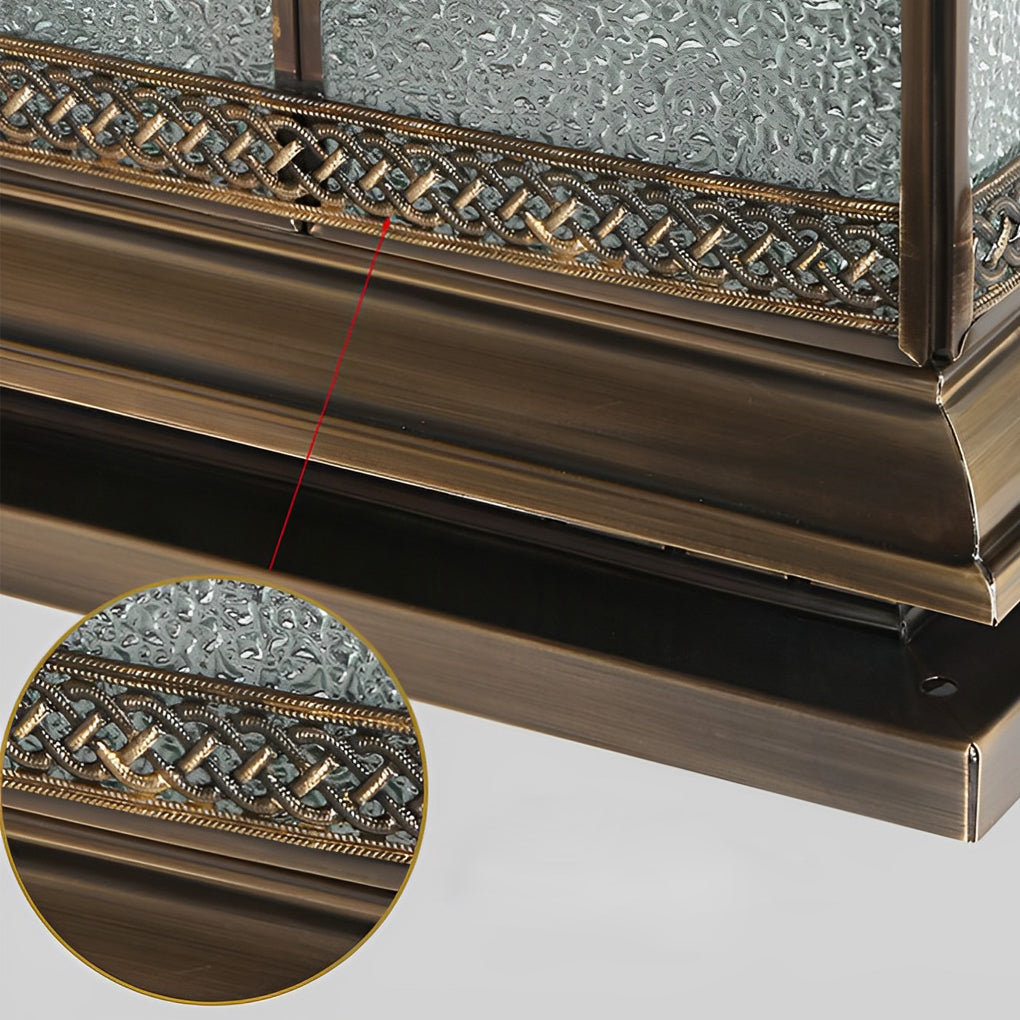 Solar-powered waterproof outdoor pillar light showing top-mounted solar panel detail.