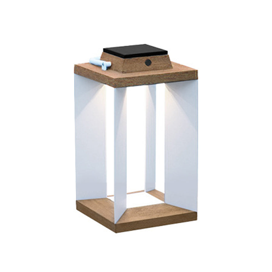 Modern solar-powered lantern with wooden frame and frosted glass panels for outdoor illumination