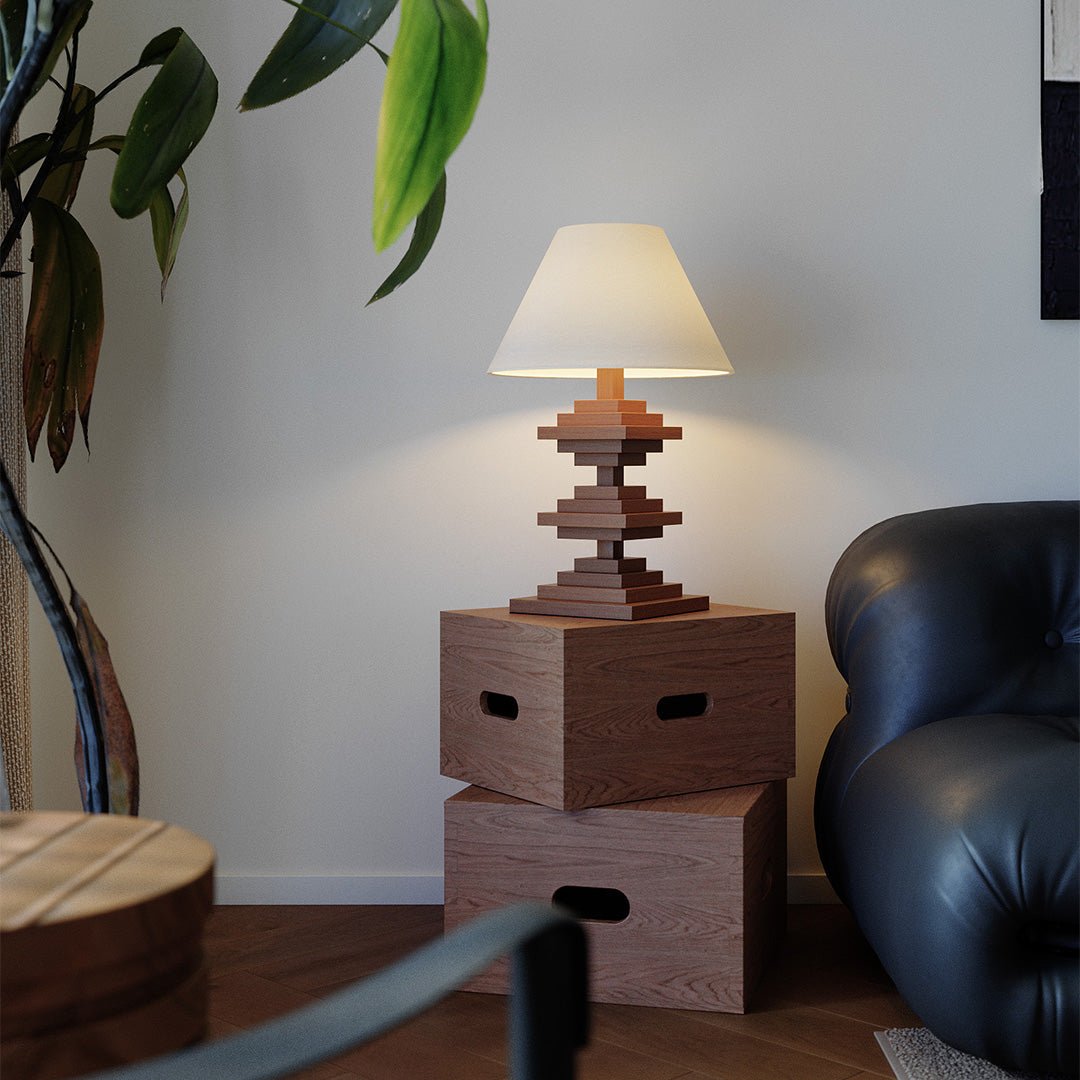 Solid wood table lamps on wooden nightstand adding warmth to bedroom corner.