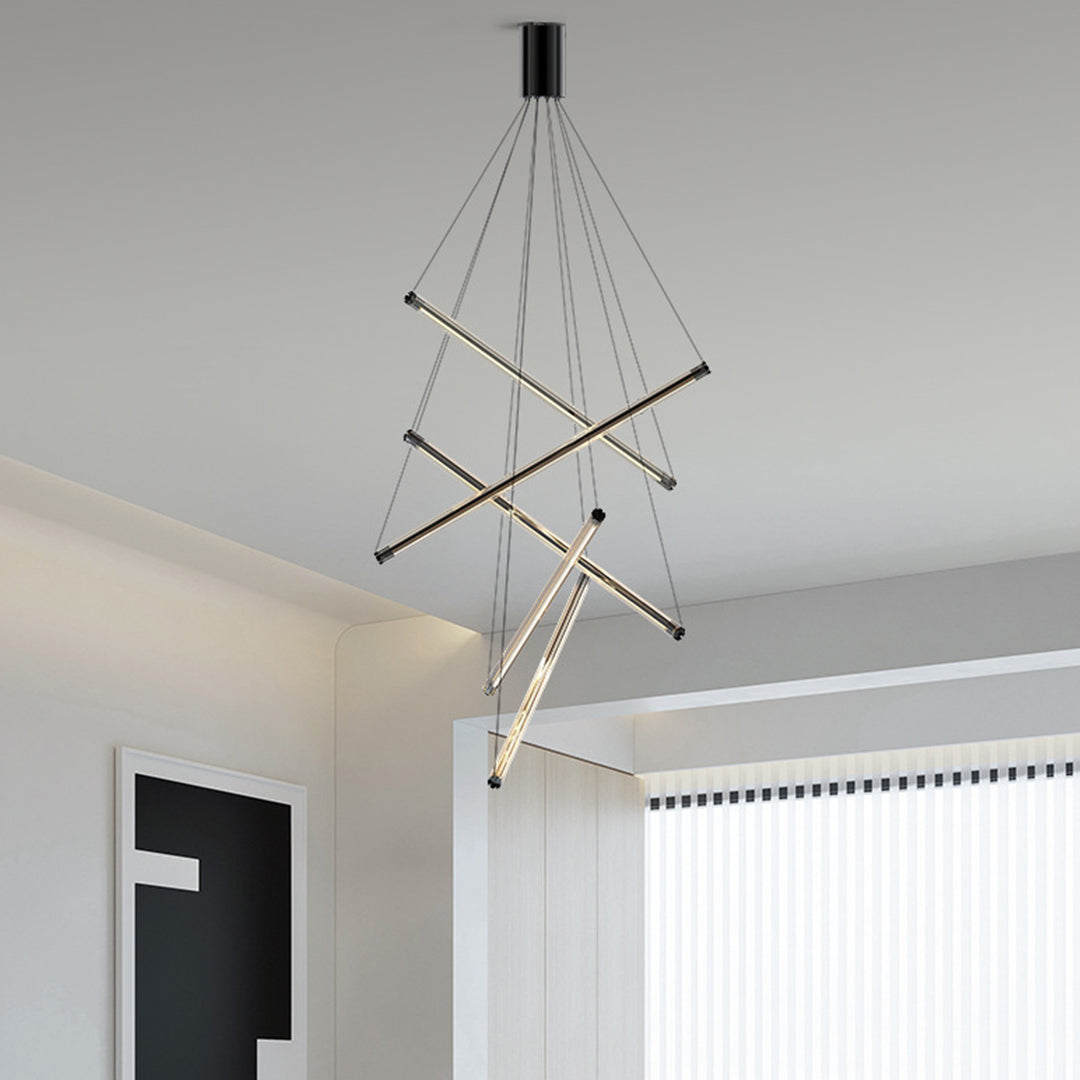 Sophisticated LED linear chandelier with black crossed bars enhancing minimalist interior design
