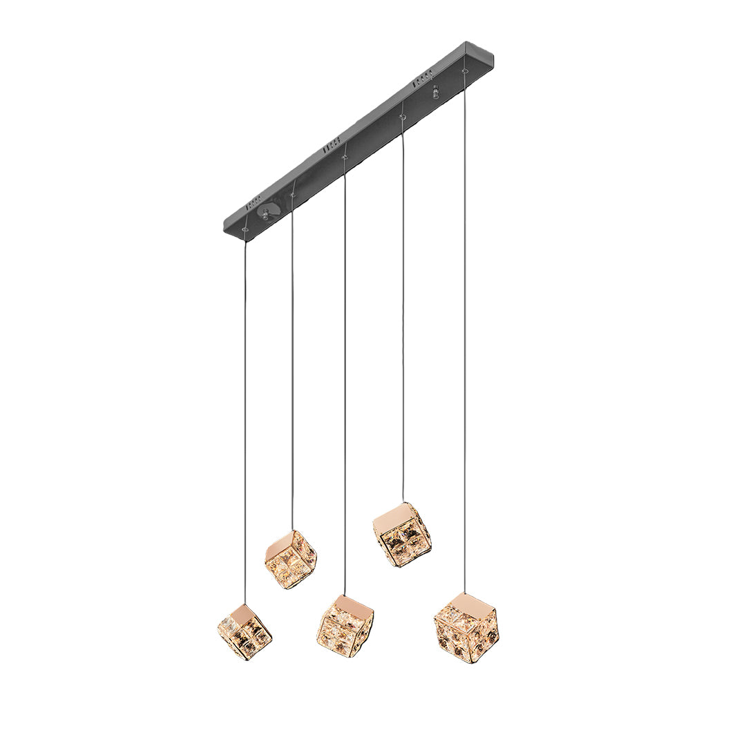 Sophisticated chandelier with crystals and glass shade chandelier influence in linear black bar with asymmetrical crystal arrangement.