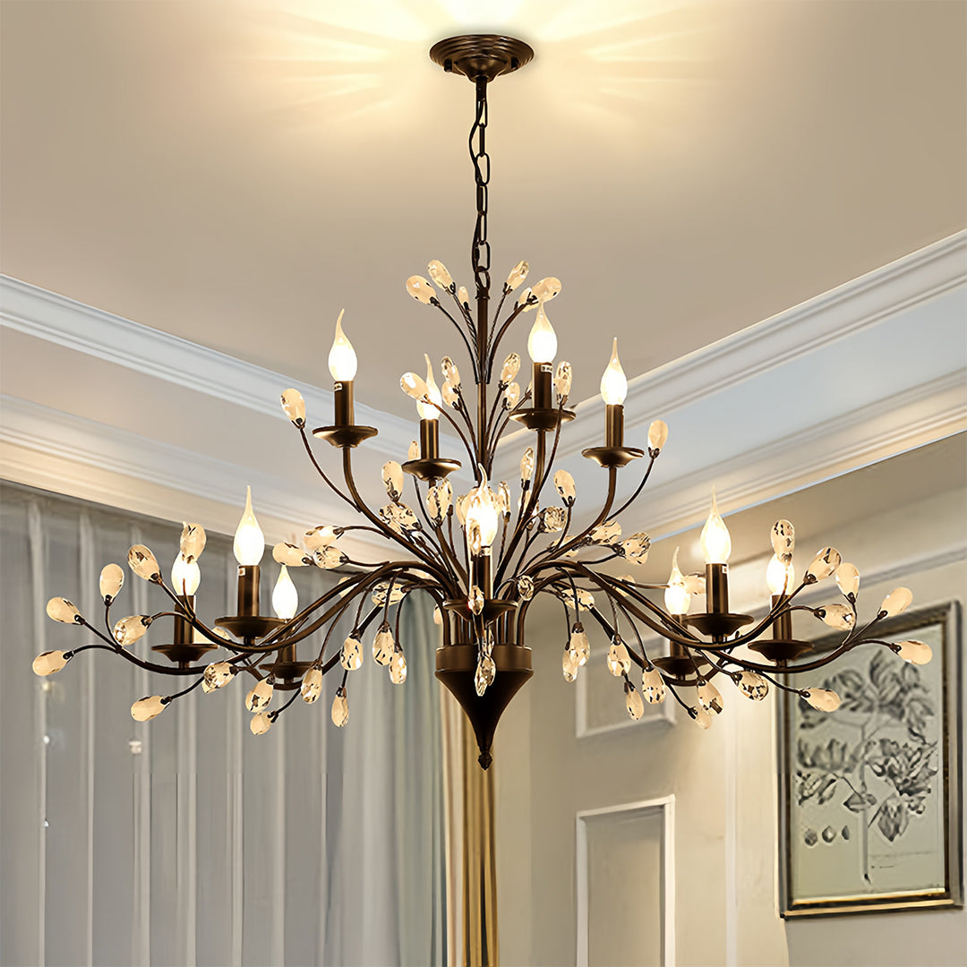 Sophisticated contemporary candle chandelier with elaborate branching design and crystal details for formal spaces