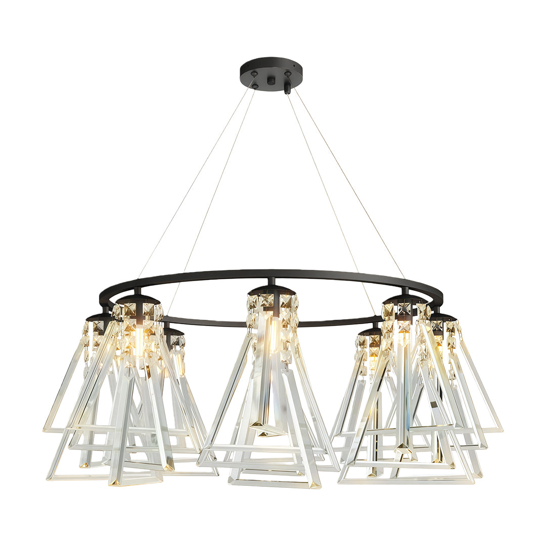 Sophisticated contemporary crystal chandelier featuring glass shade chandelier design in matte black with faceted crystal cone shades.