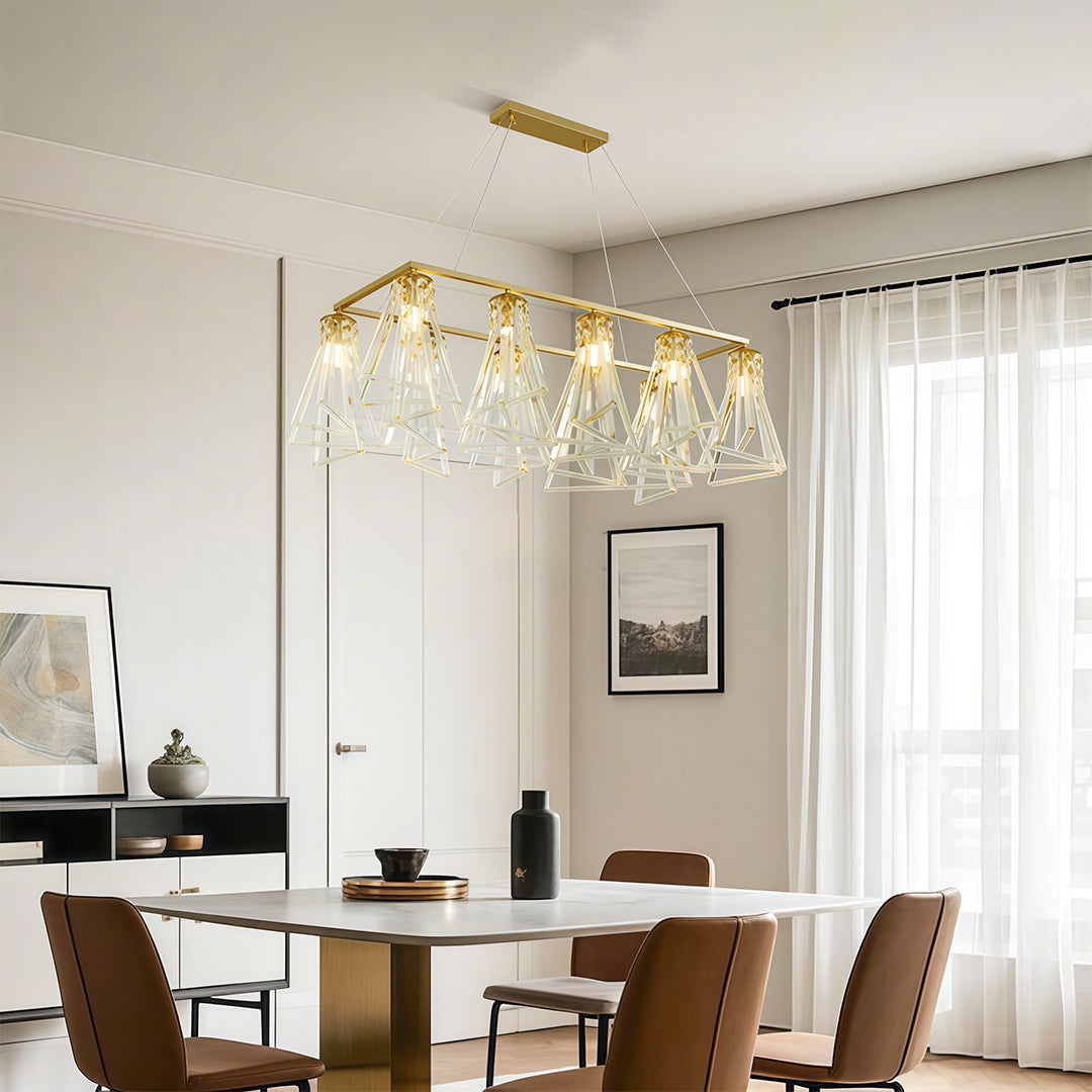Sophisticated contemporary crystal chandelier with glass shade chandelier design providing ambient lighting in minimalist modern dining space.