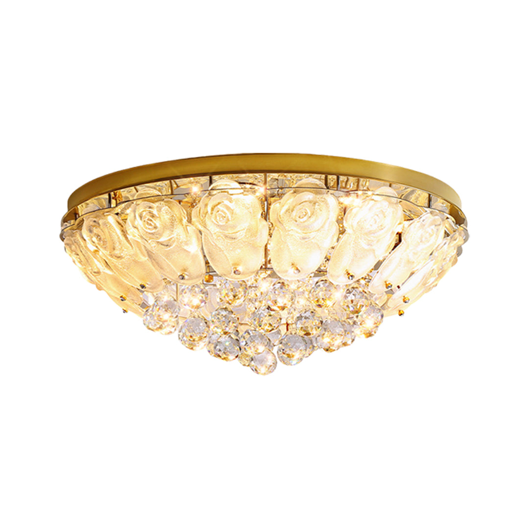 Sophisticated crystal ceiling lights flush mount with wide dome profile and multi-tiered crystal elements in gold