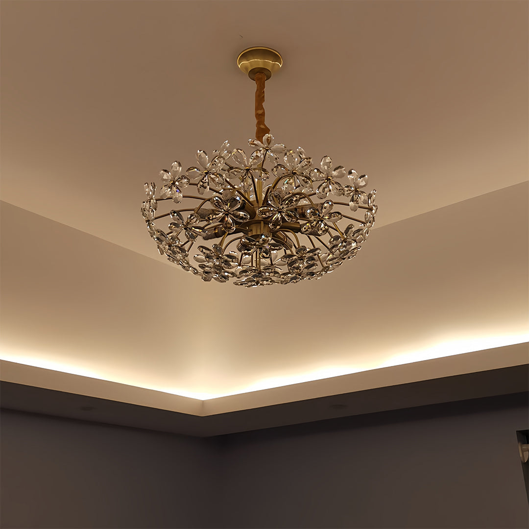 Sophisticated crystal flower chandelier mounted in elegant room with ambient lighting