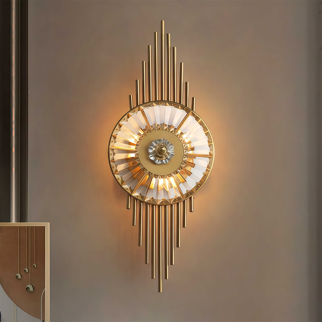 Sophisticated crystal light wall with glass shade chandelier influence creating dramatic focal point on neutral wall with warm illumination.