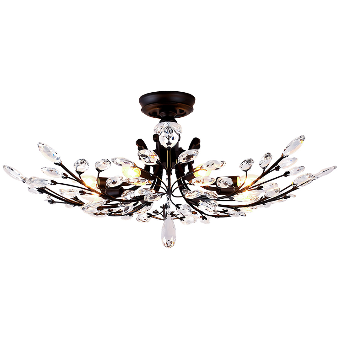 Sophisticated crystal semi flush ceiling light with decorative black frame and brilliant crystal elements for formal lighting