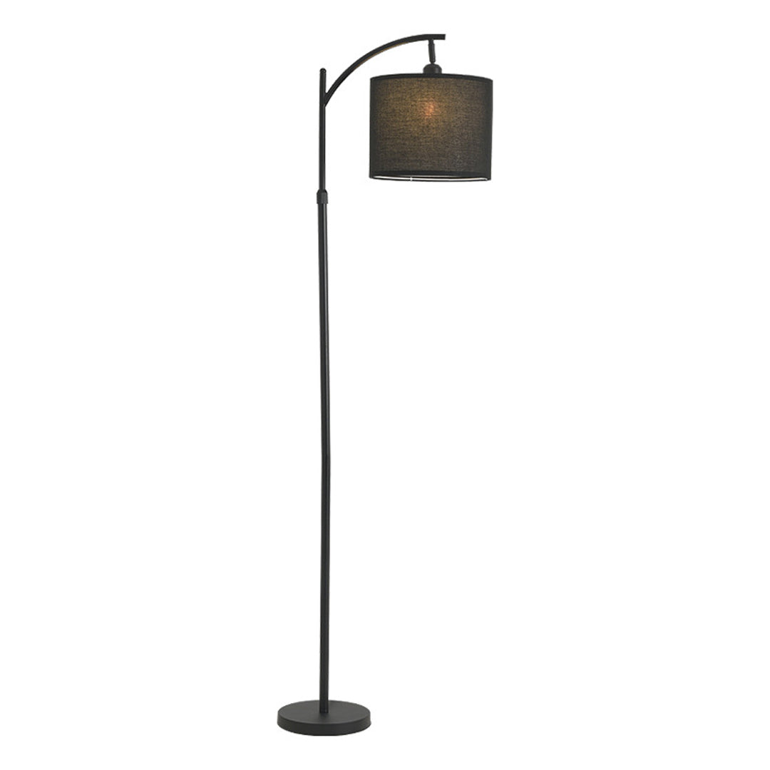 Designer small black pendant light showcasing sophisticated dark fabric shade with arc floor lamp styling
