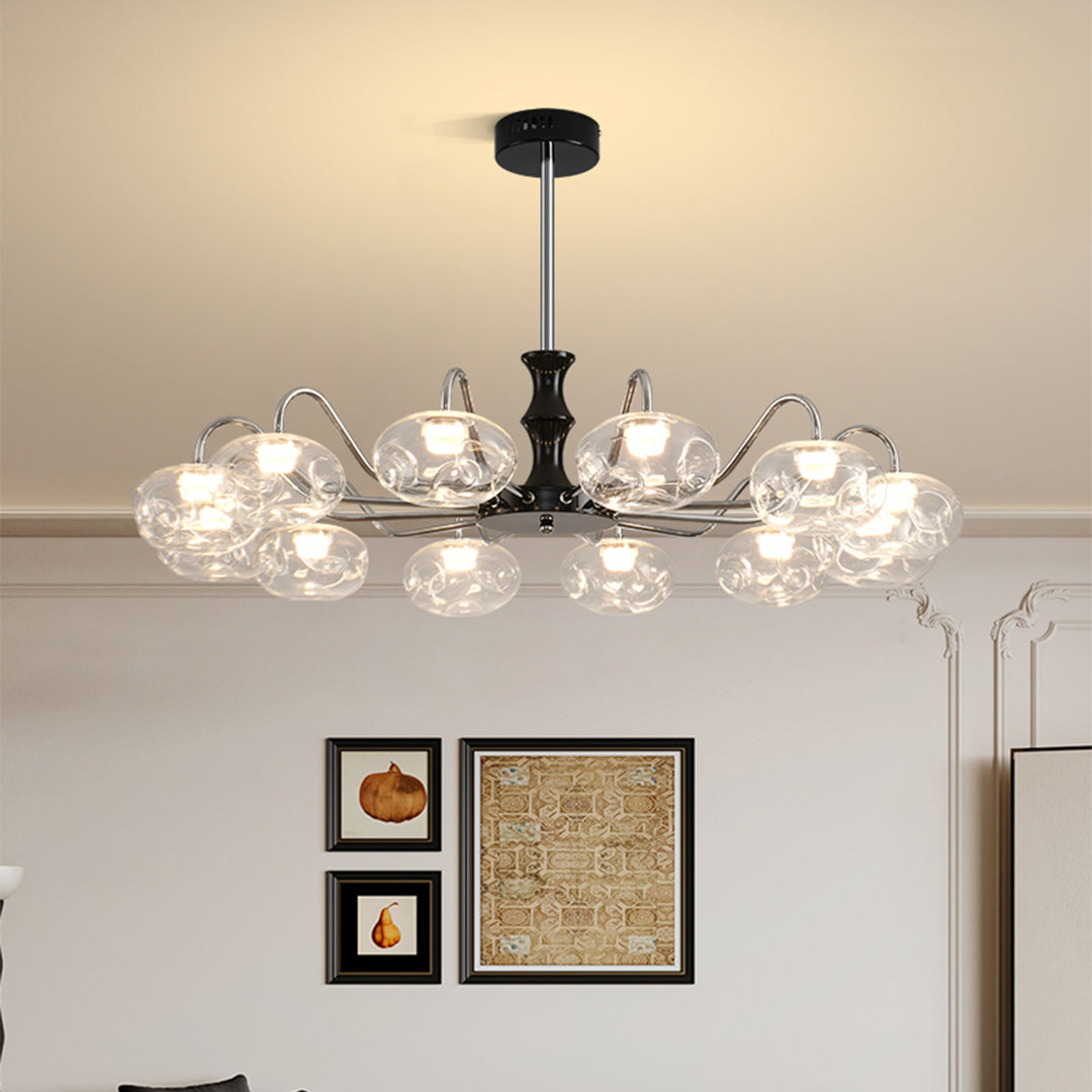 Sophisticated art glass chandelier enhancing elegant dining room interior with artistic glass sphere design