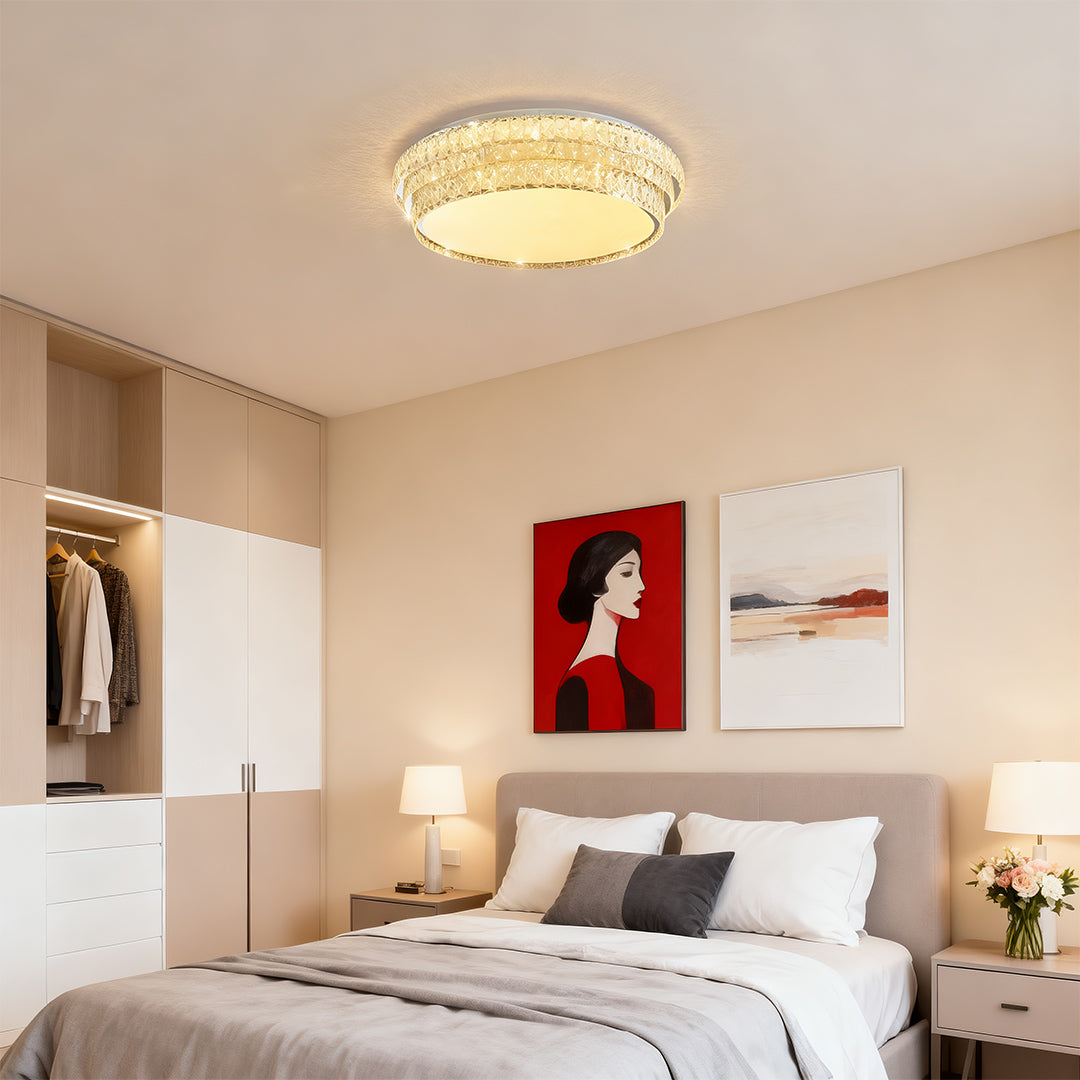 Sophisticated flush mount modern lighting with glass shade chandelier aesthetic illuminating contemporary hallway with dark paneling.