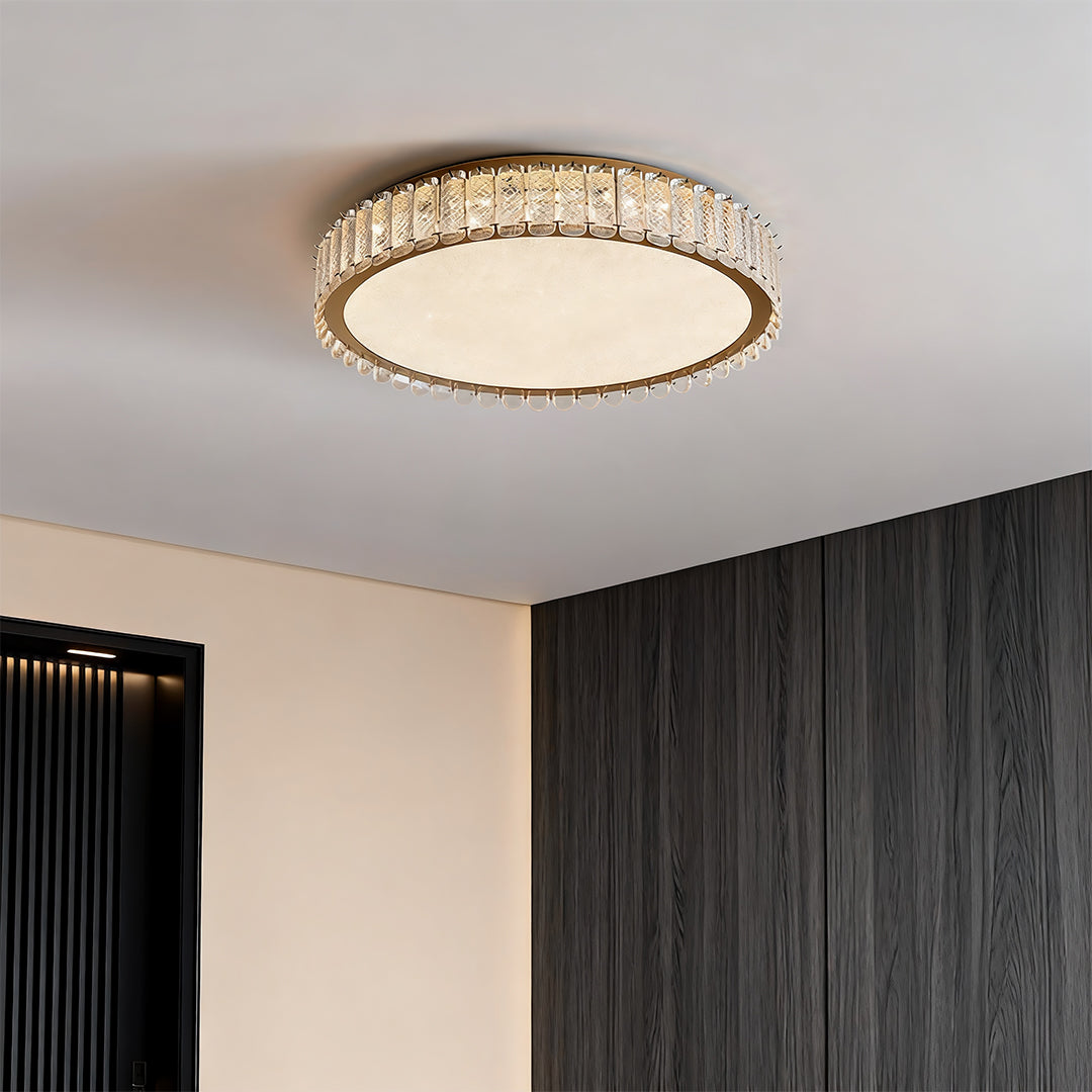 Sophisticated flush mounted LED lights with glass shade chandelier aesthetic illuminating contemporary hallway with dramatic contrast.