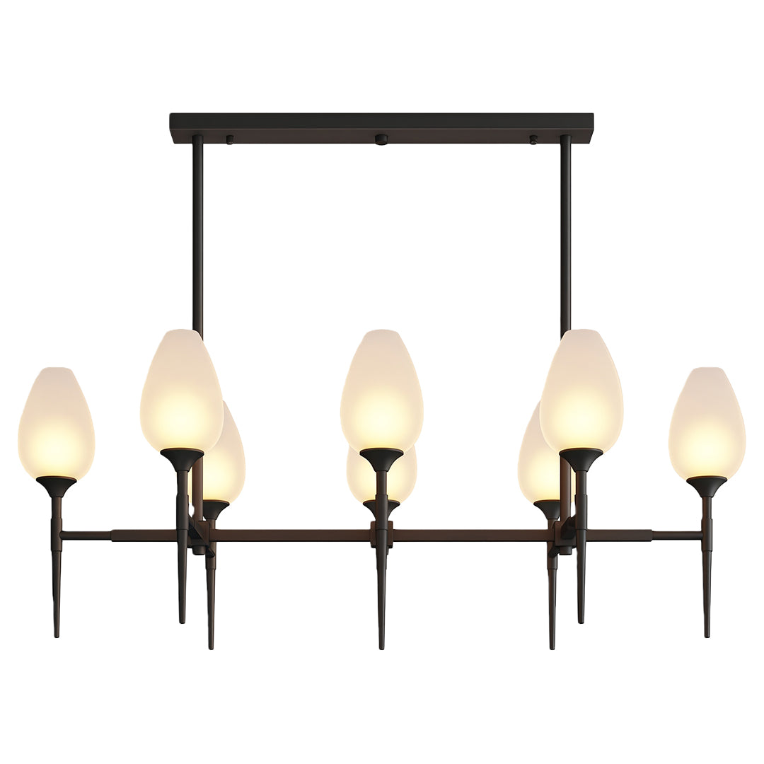 Sophisticated glass modern chandelier with glass shade chandelier design in matte black featuring linear five-light arrangement.