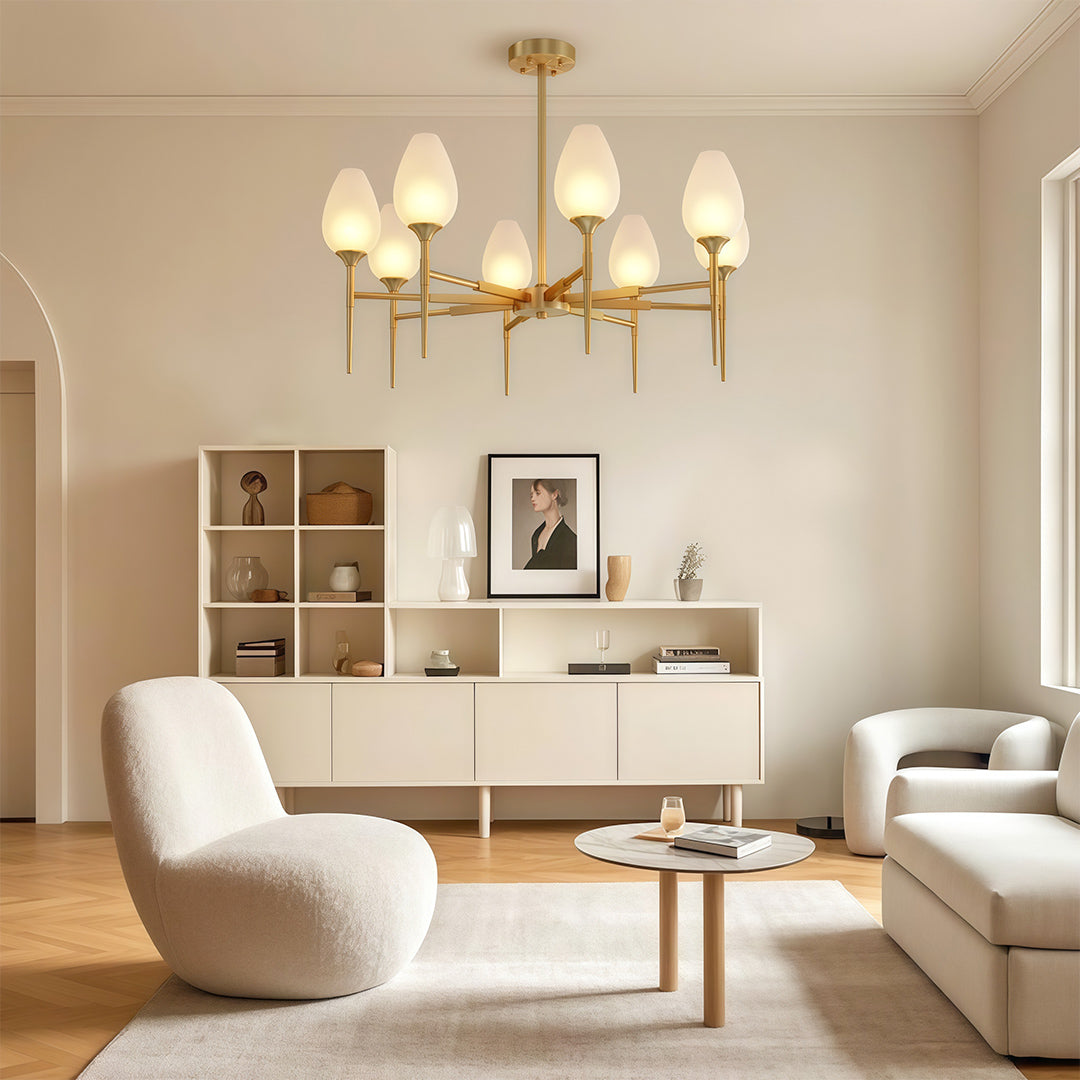 Sophisticated glass modern chandelier featuring glass shade chandelier aesthetic creating focal point in serene contemporary living room.