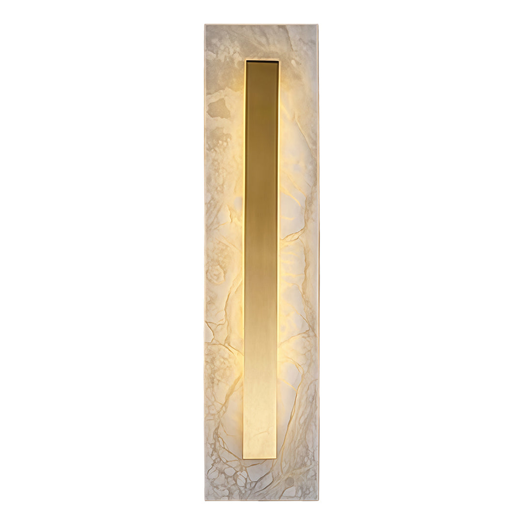 Sophisticated gold wall light with glass shade chandelier influence in tall narrow design with textured glass and brushed gold finish.