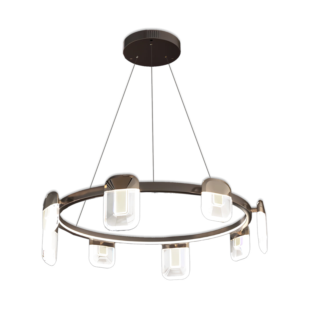 Sophisticated italian crystal chandelier showcasing single circular ring with rectangular crystal glass shades in dark metal