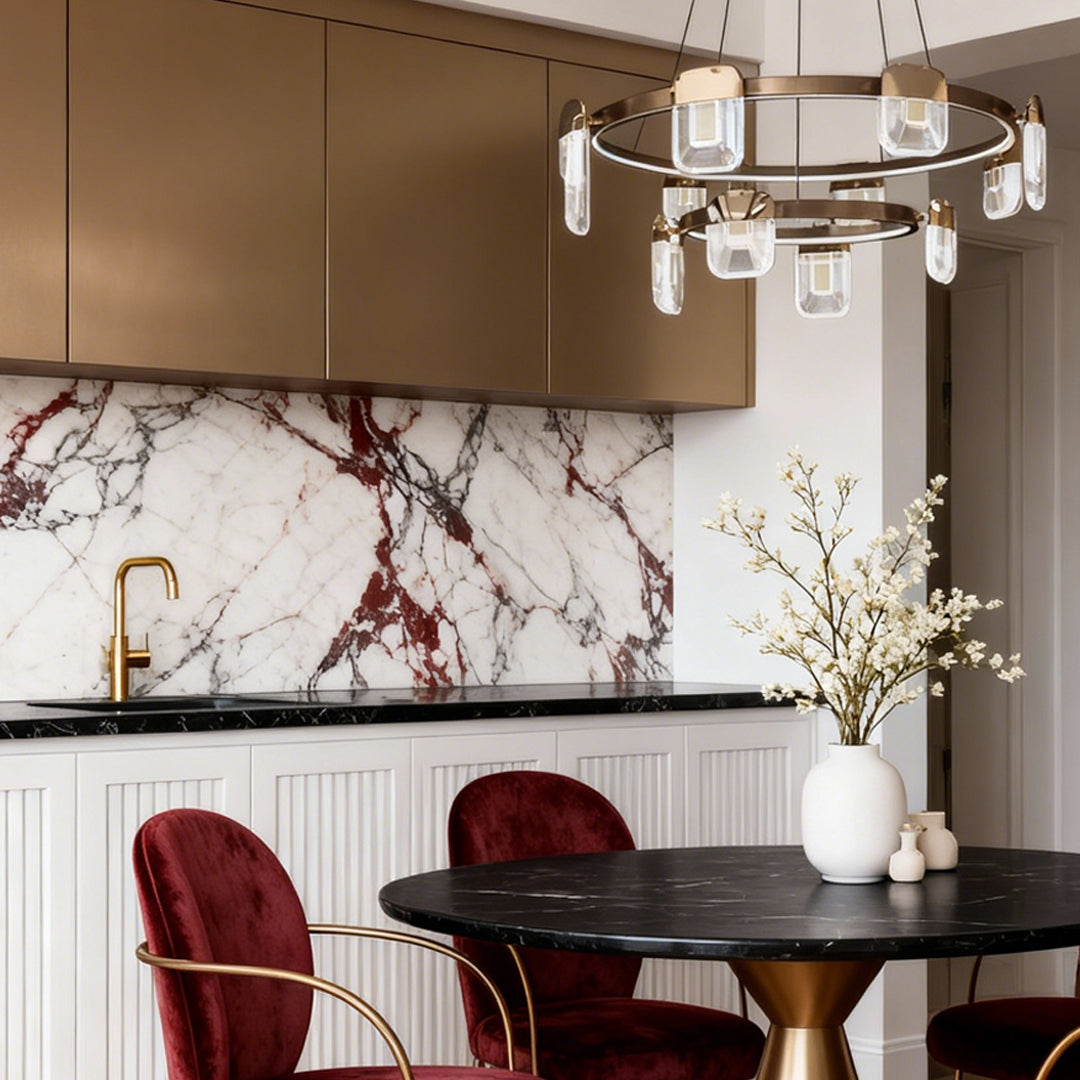 Modern linear italian crystal chandelier with horizontal bar design and rectangular crystal glass shades in gold