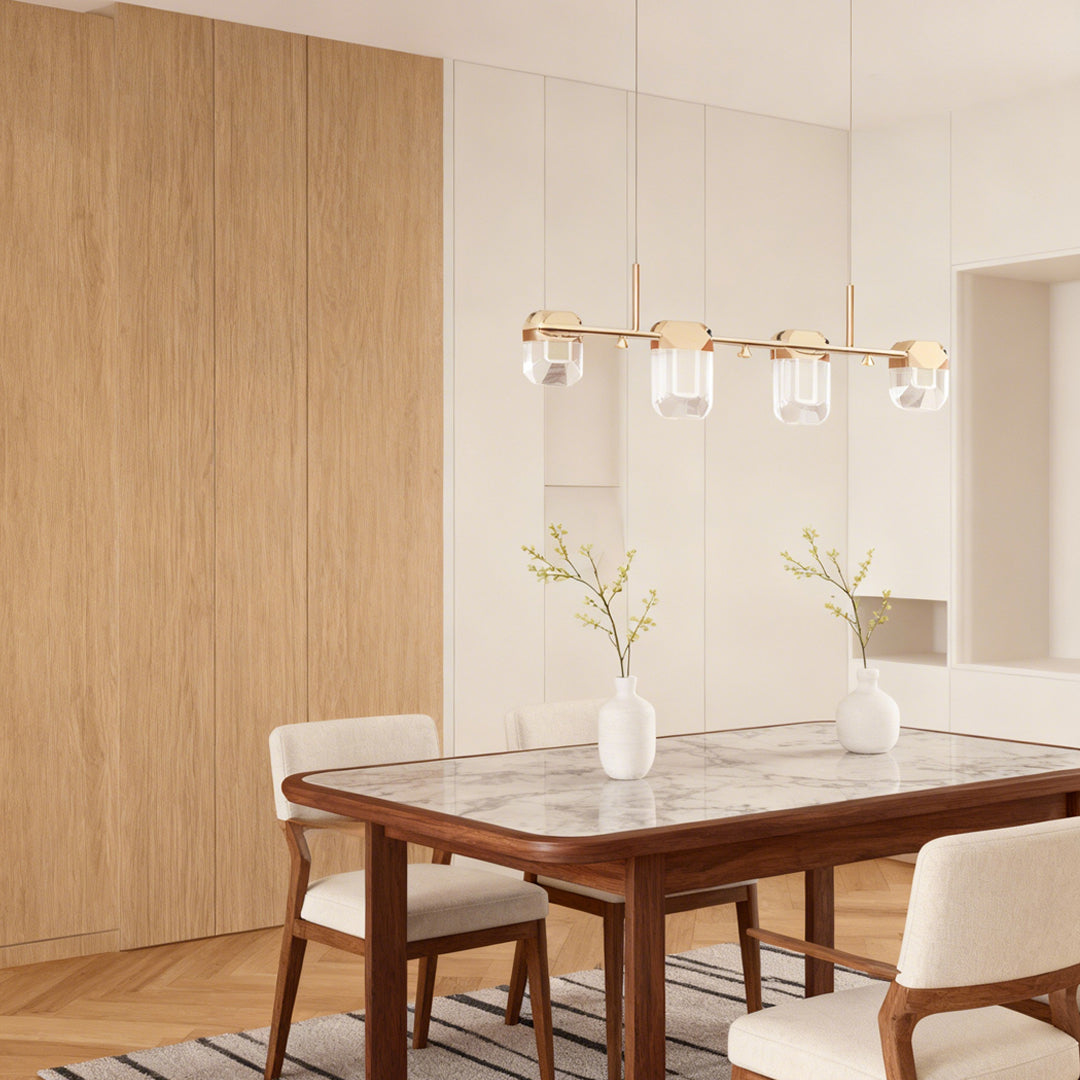 Modern linear italian crystal chandelier with horizontal bar design and rectangular crystal glass shades in gold