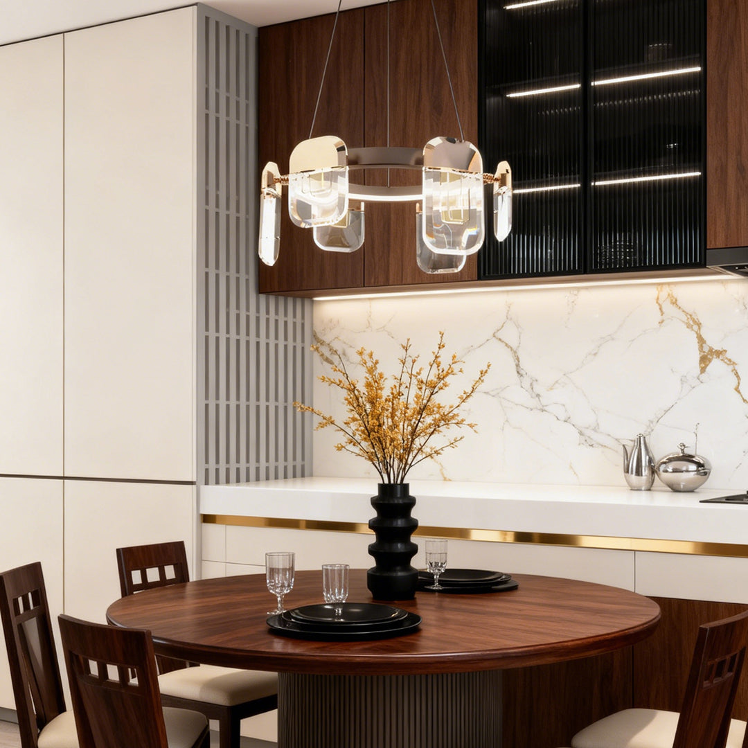 Modern linear italian crystal chandelier with horizontal bar design and rectangular crystal glass shades in gold