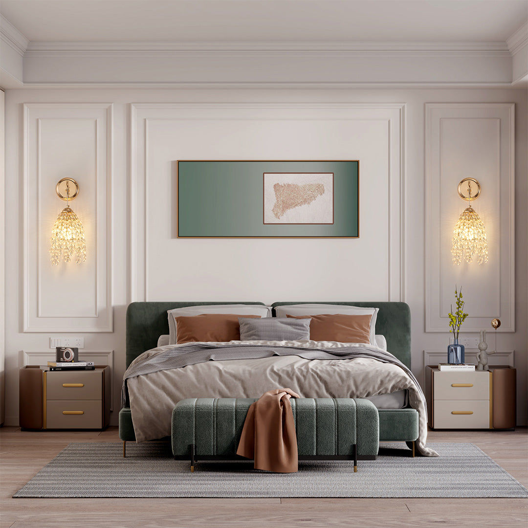 Sophisticated LED wall light decor featuring glass shade chandelier influence flanking modern artwork in refined bedroom space.