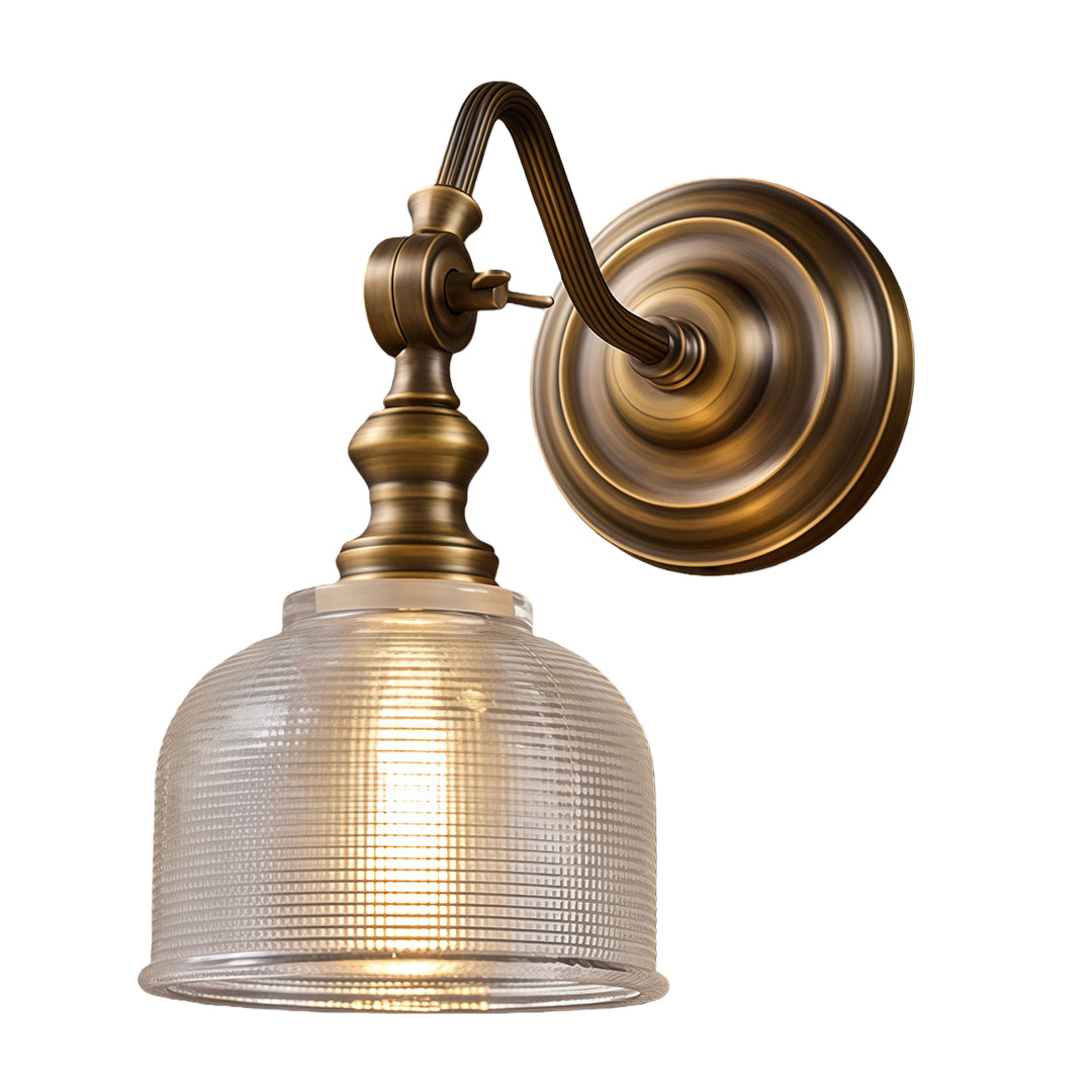 Sophisticated LED wall light lamp with glass shade chandelier influence in vintage brass finish with frosted glass bell shade.
