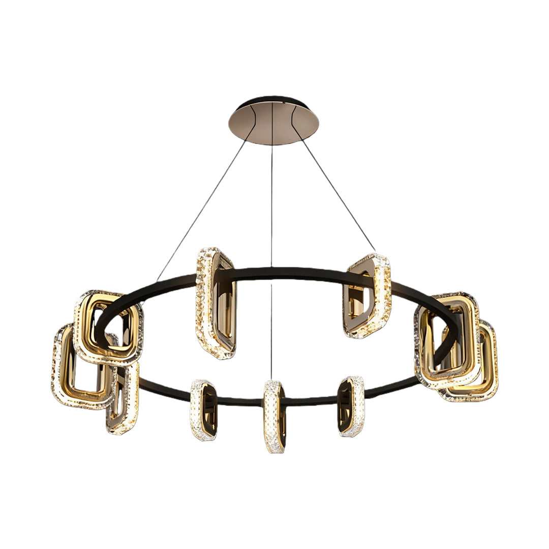 Sophisticated modern gold chandeliers displaying circular ring design with alternating rectangular glass shade components