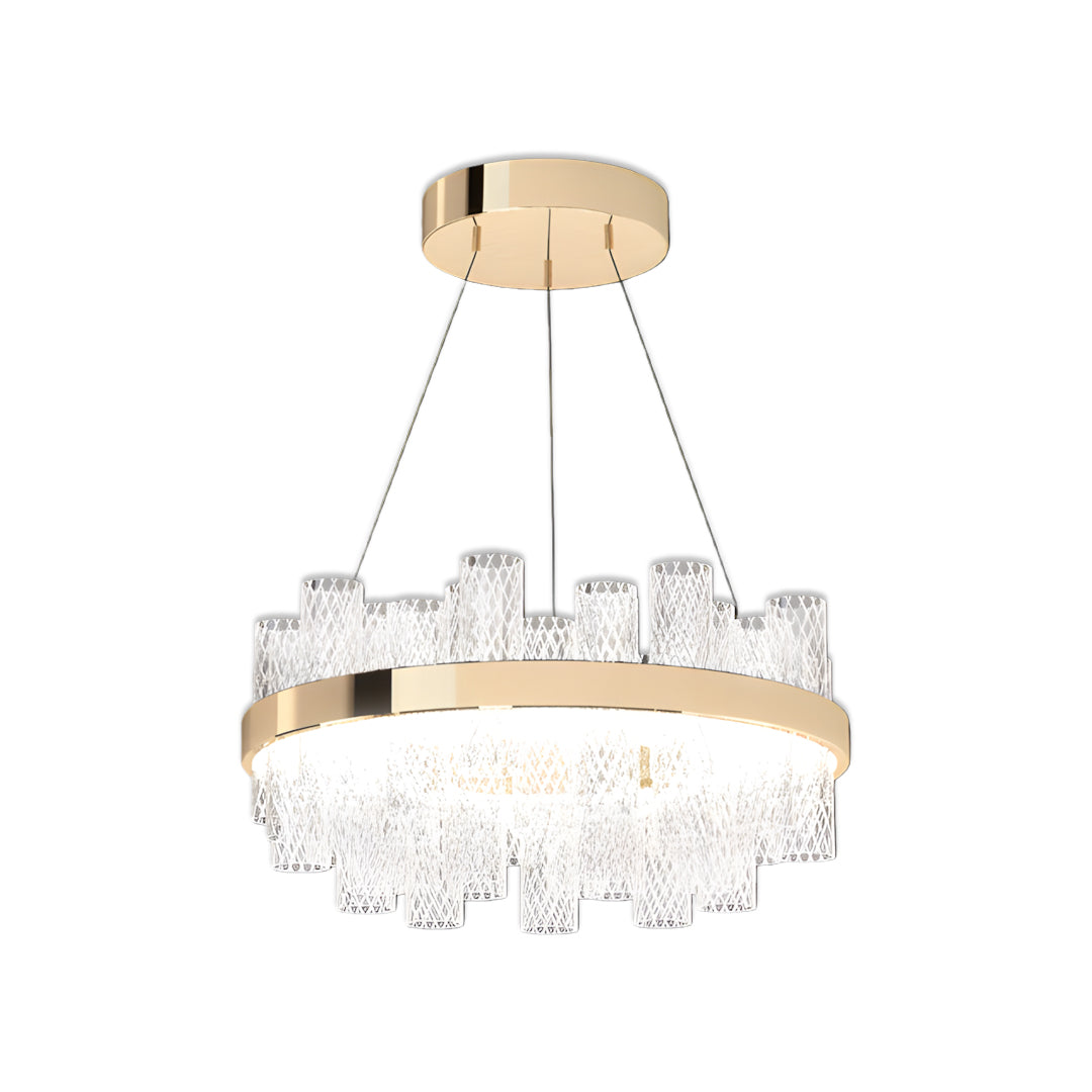Sophisticated modern led lighting chandelier with circular design and multi-tiered crystal glass arrangement in brass