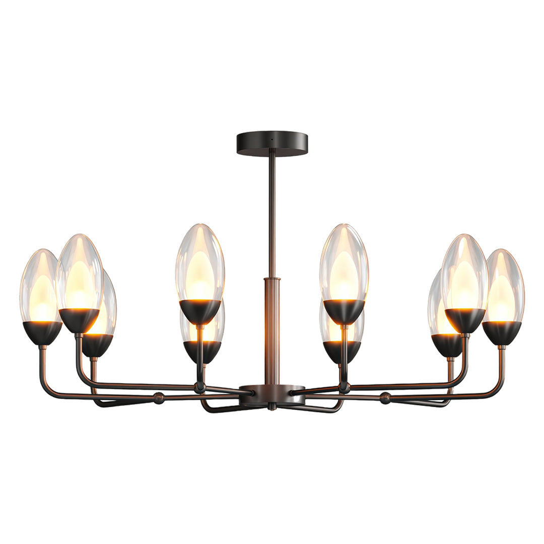 Sophisticated modern minimalist chandelier featuring glass shade chandelier design in matte black with eight-arm configuration.