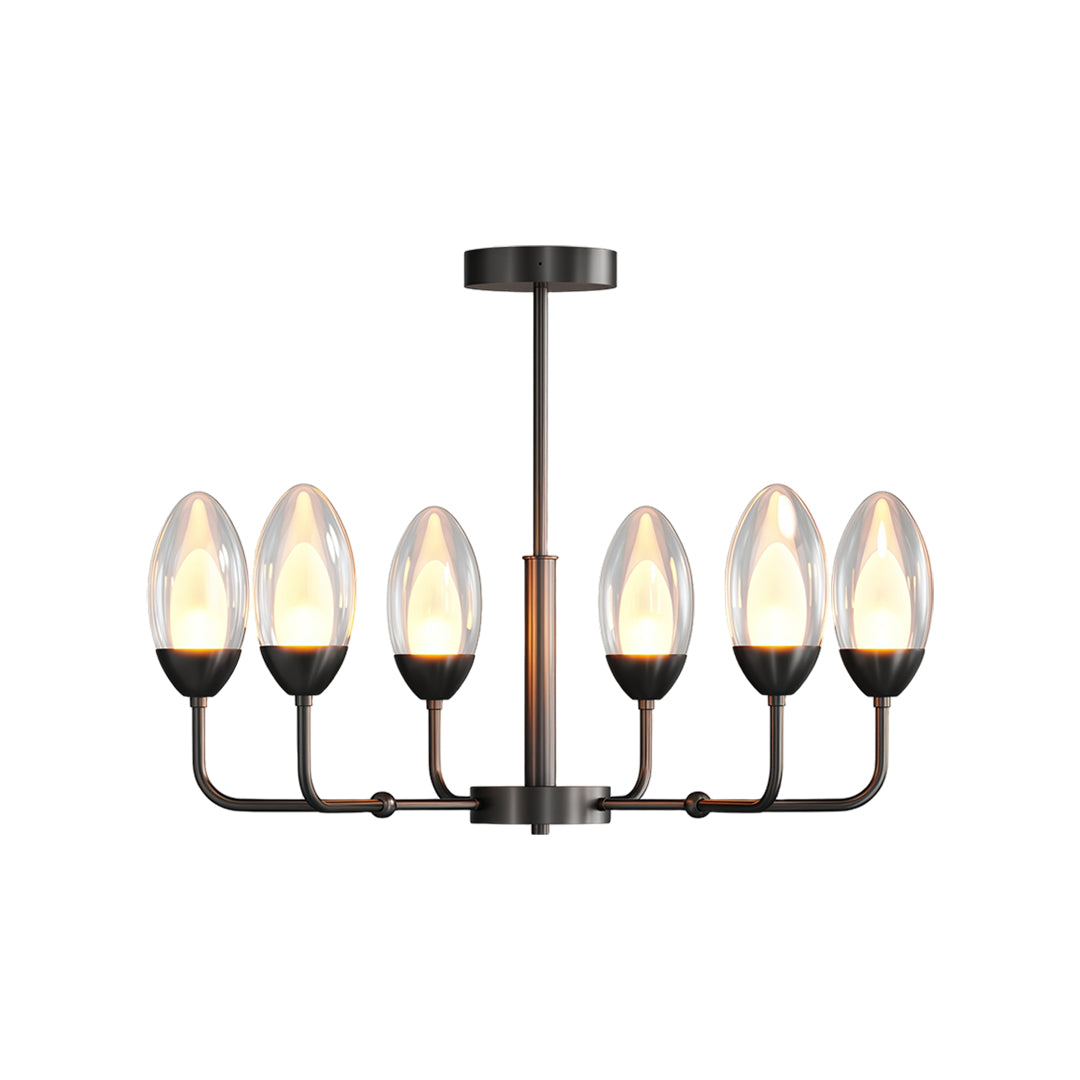 Sophisticated modern minimalist chandelier featuring glass shade chandelier design in matte black with six-arm candelabra configuration.