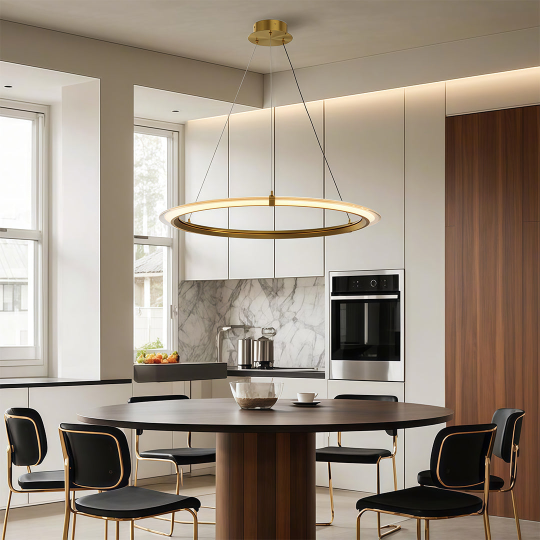 Sophisticated modern round chandelier with dual circular rings, adding elegance to a dining space.