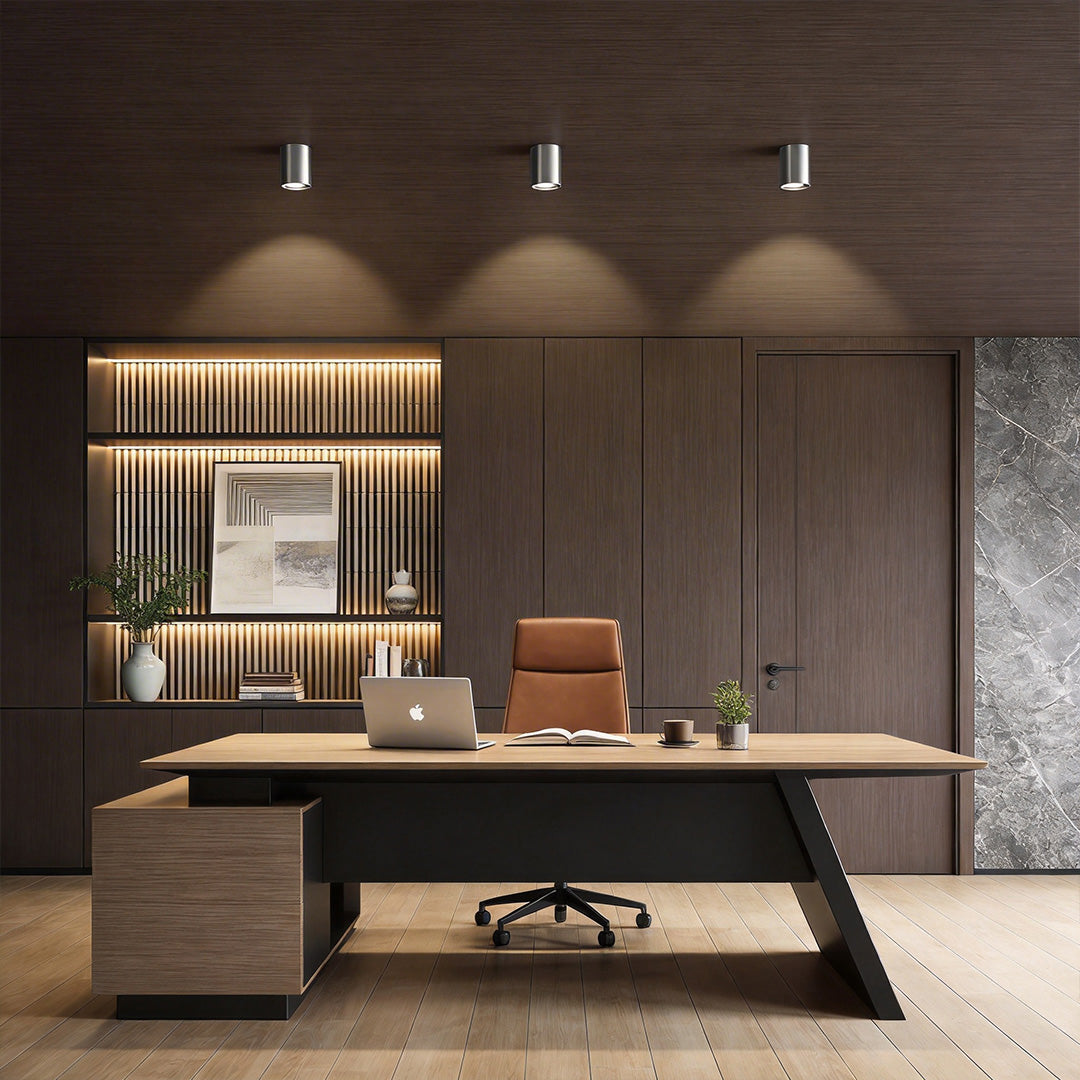 Sophisticated office with surface mount can lights providing focused lighting.