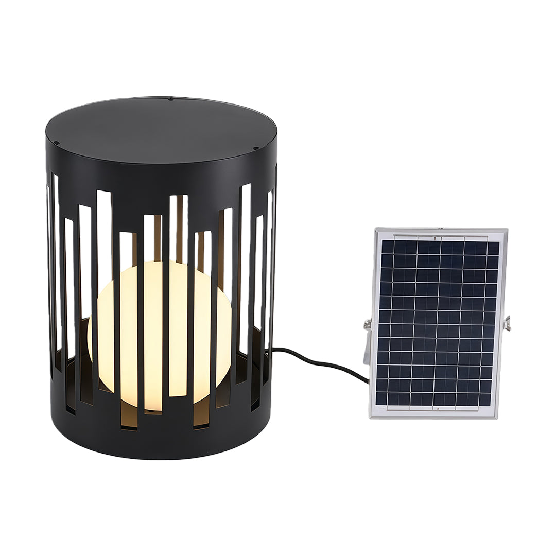 Sophisticated outdoor lantern light with glass shade chandelier influence in solar-powered design with integrated panel and warm LED.