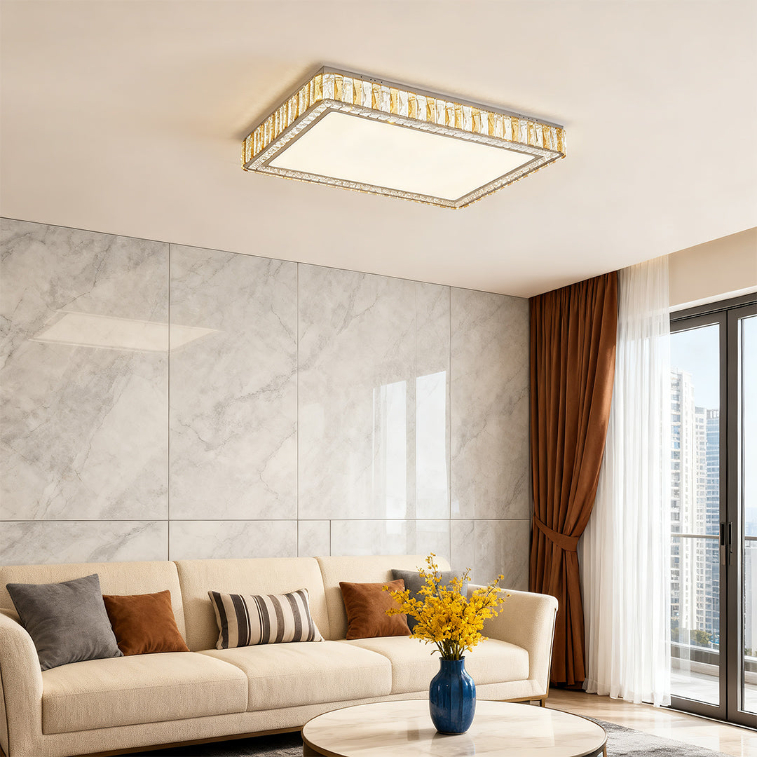 Sophisticated rectangular LED flush mounted ceiling lights with glass shade chandelier aesthetic in bright marble-accented bedroom.