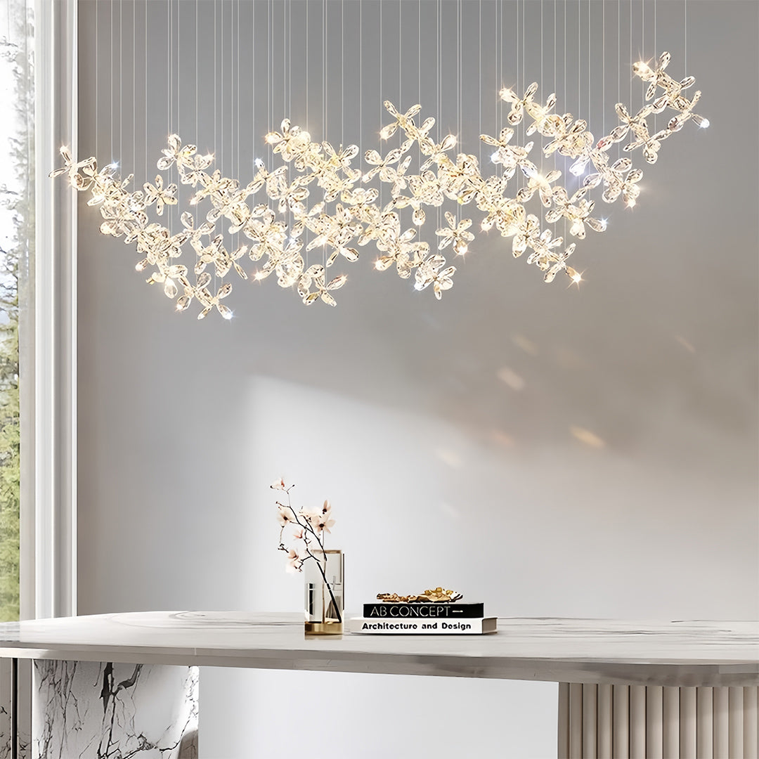 Sophisticated rock crystal chandelier installation in elegant interior with neutral color palette design