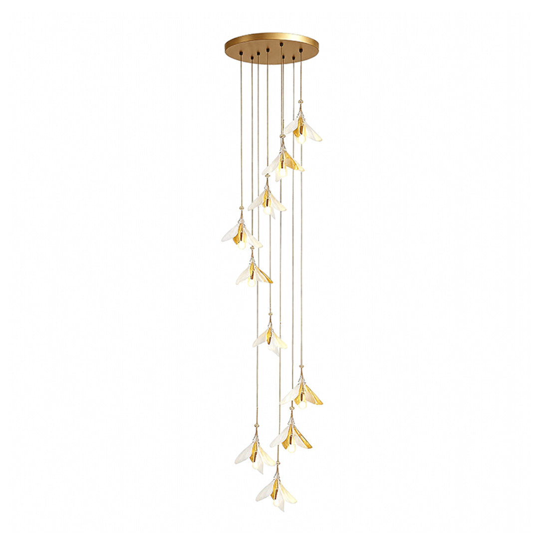 Sophisticated staircase chandelier ideas presenting vertical drop with multiple glass flower elements in champagne gold