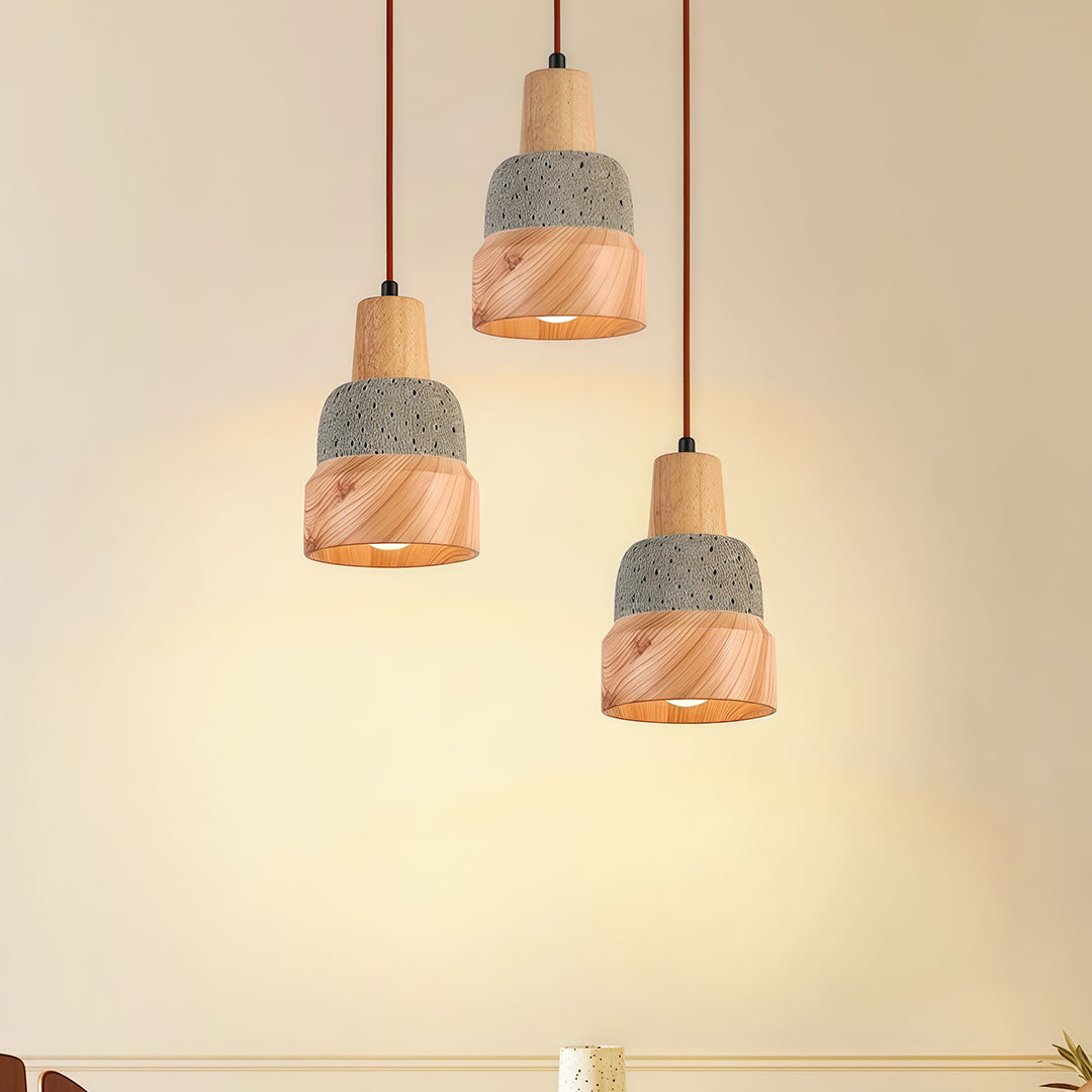 Wood pendant lighting with a sophisticated design and natural materials, creating a cozy yet stylish look in any room.
