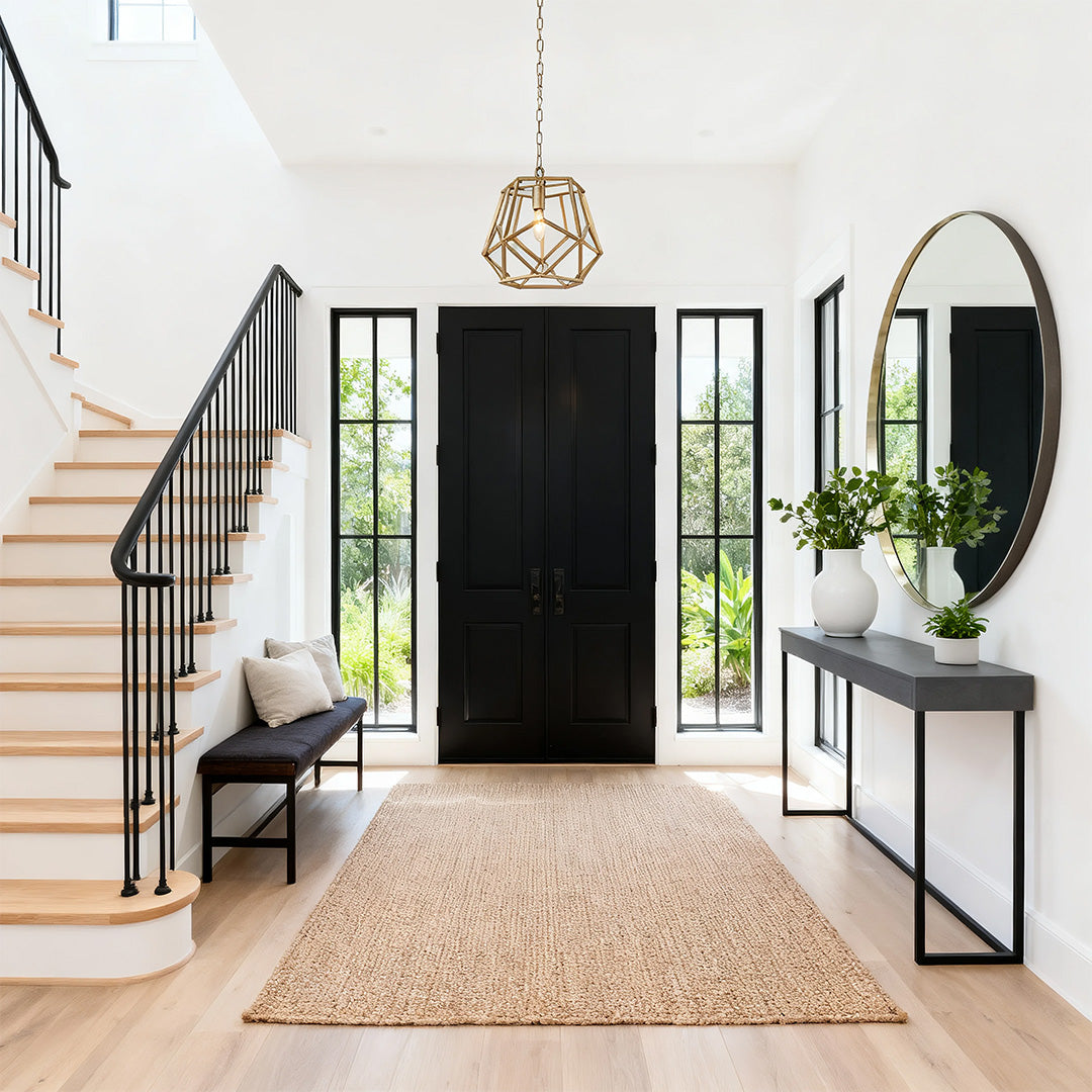 Gold hanging pendant light centered in a spacious entryway with double black doors and a contemporary console table setup.