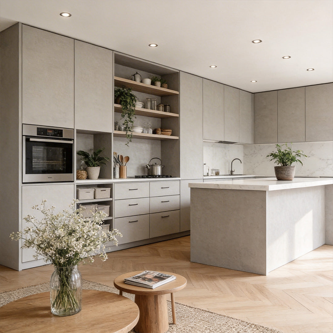 Spacious kitchen with recessed ceiling spotlight designed to highlight the countertops.