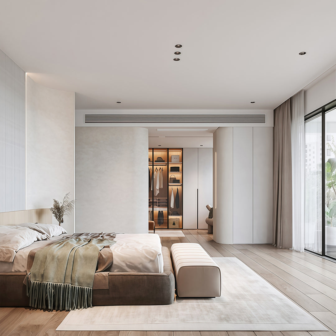 Spacious minimalist bedroom featuring clean ceiling lines with installed led downlight recessed lighting.