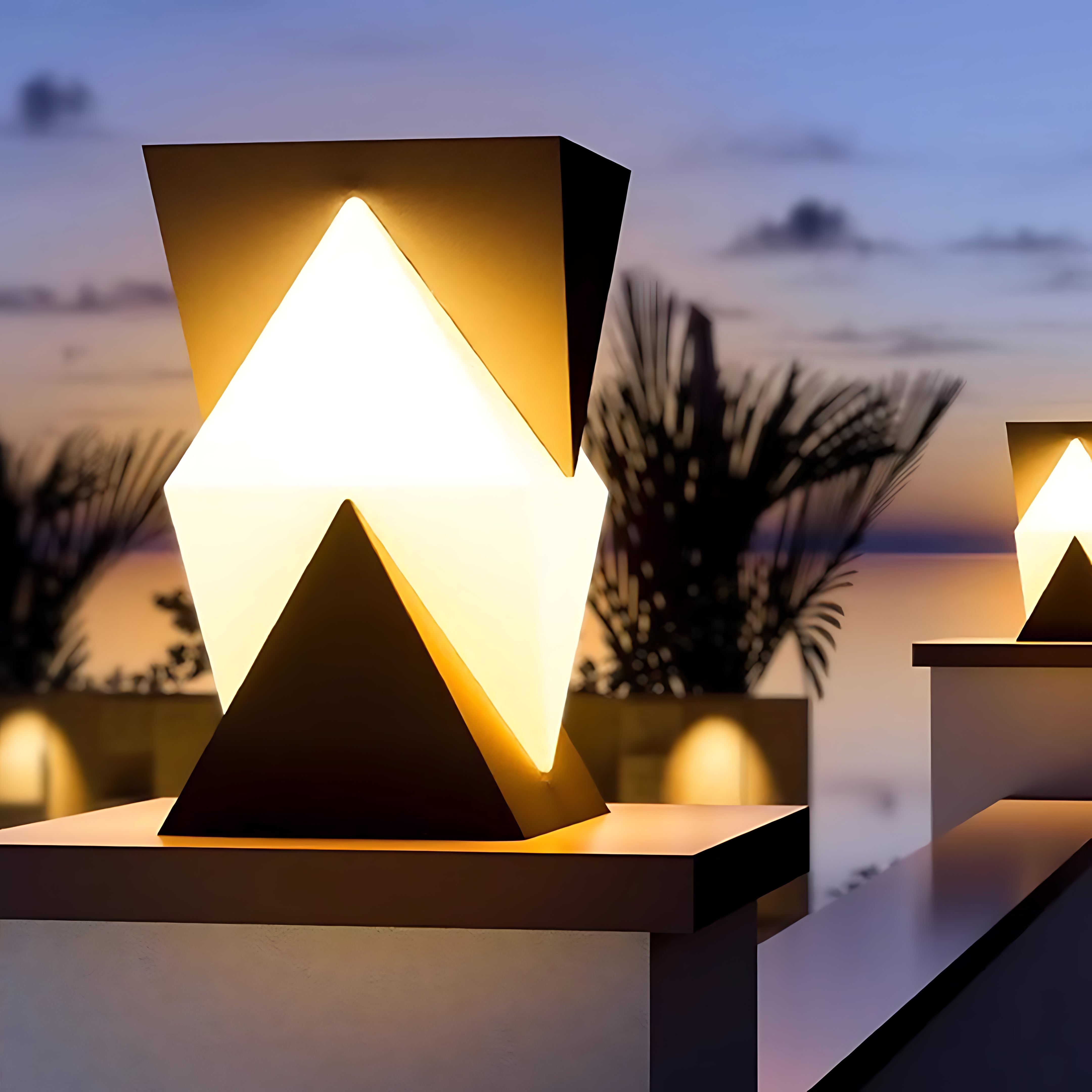 Special shaped light with triangular pillar design creating dramatic outdoor ambiance