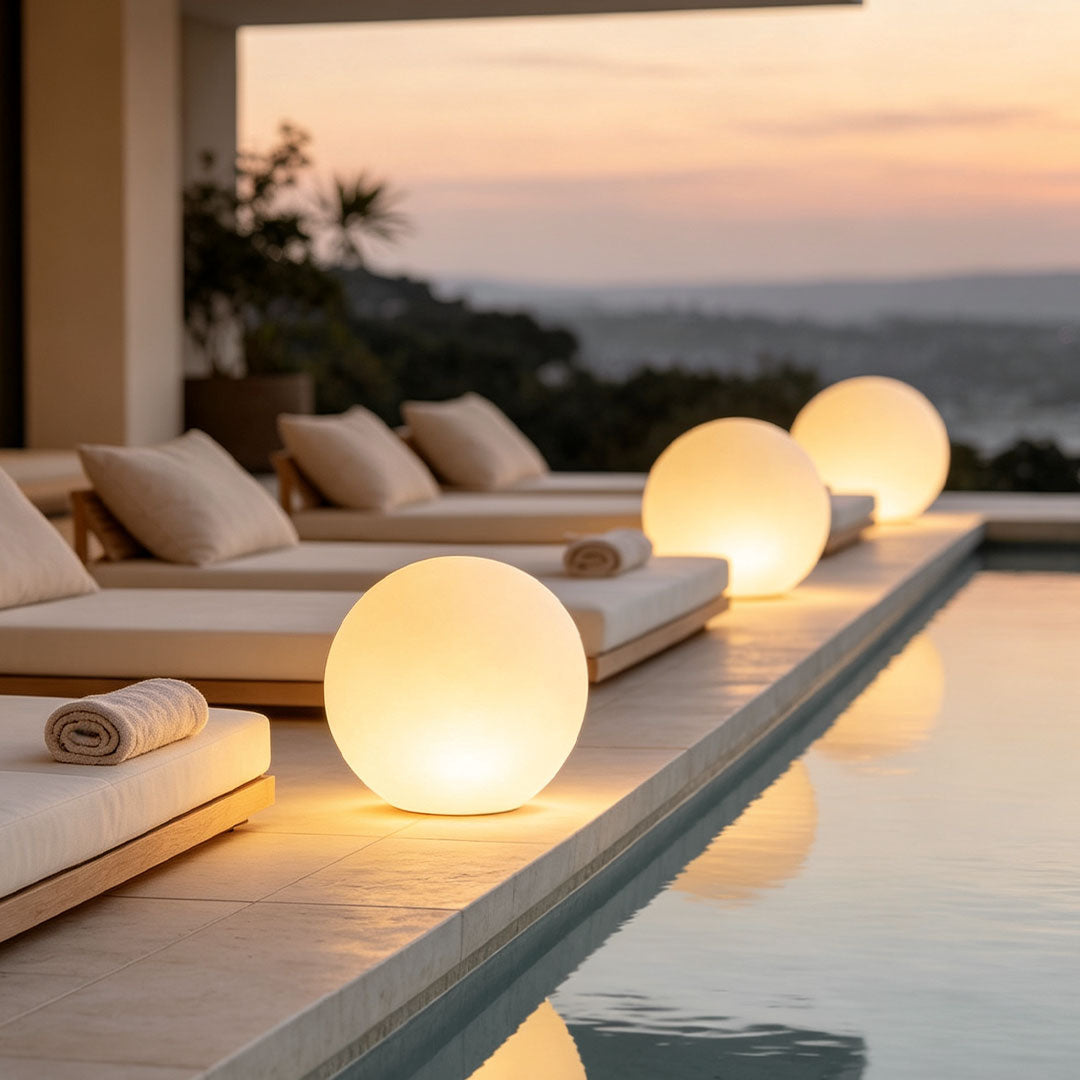 Sphere floor lamp illuminating a luxury outdoor poolside seating area at dusk.