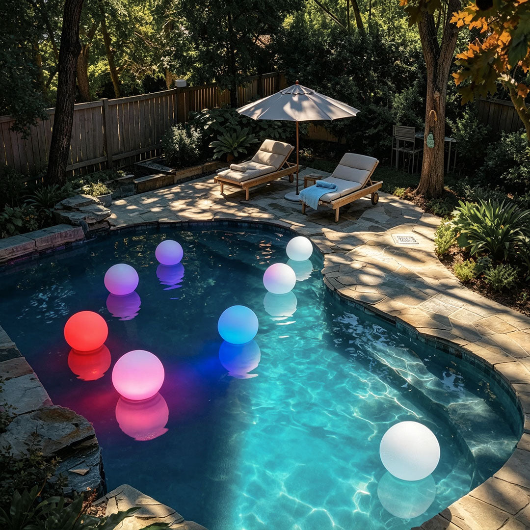 Sphere floor lamp floating in a swimming pool with colorful RGB ambient lighting.