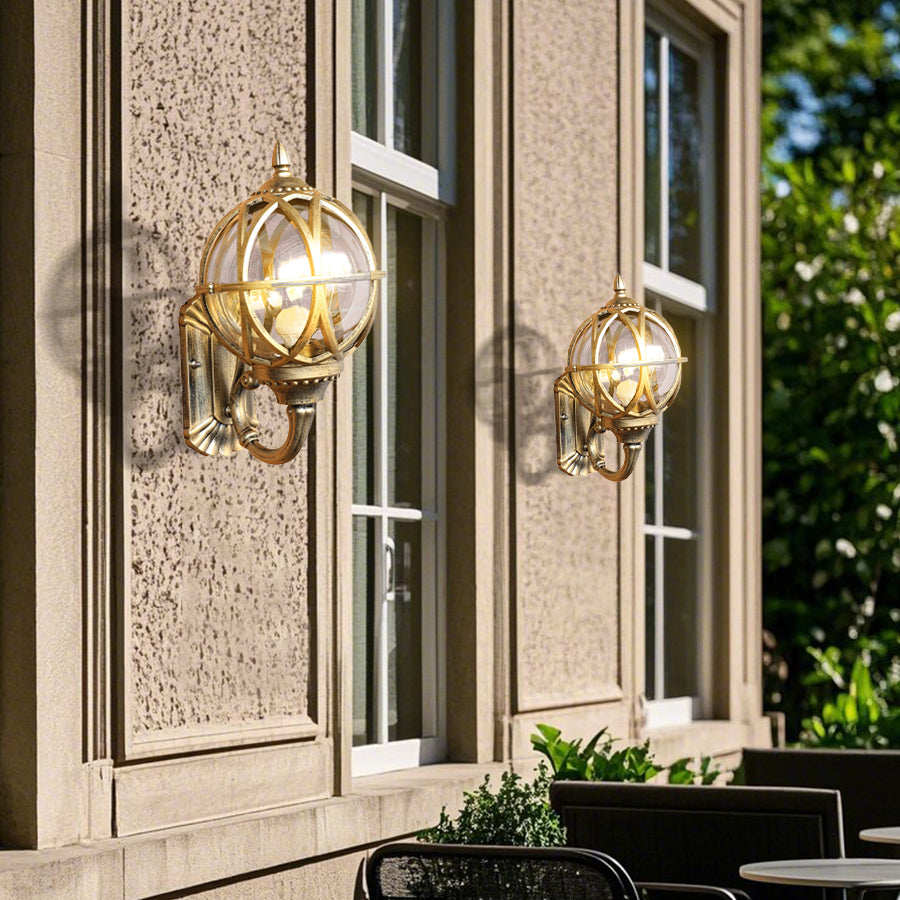 Elegant spherical outdoor lights flanking classical building entrance with columns