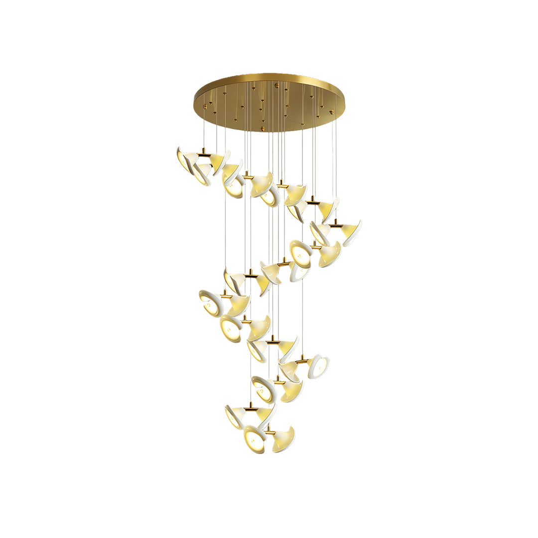 Spiral brass chandelier with soft warm LED lighting.