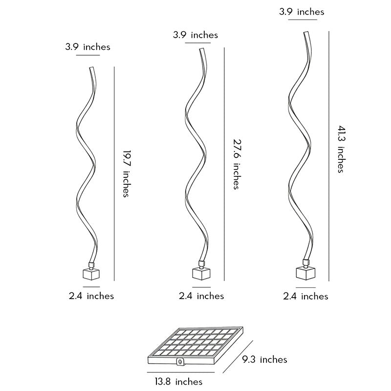 Technical diagram showing dimensions and structure of spiral LED path light models.