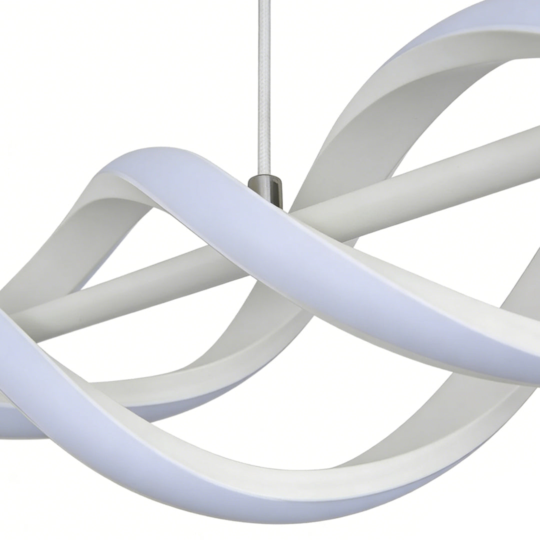 A contemporary spiral pendant linear hanging chandelier brightens the dining room, creating a visually striking centerpiece in a minimalist setting.