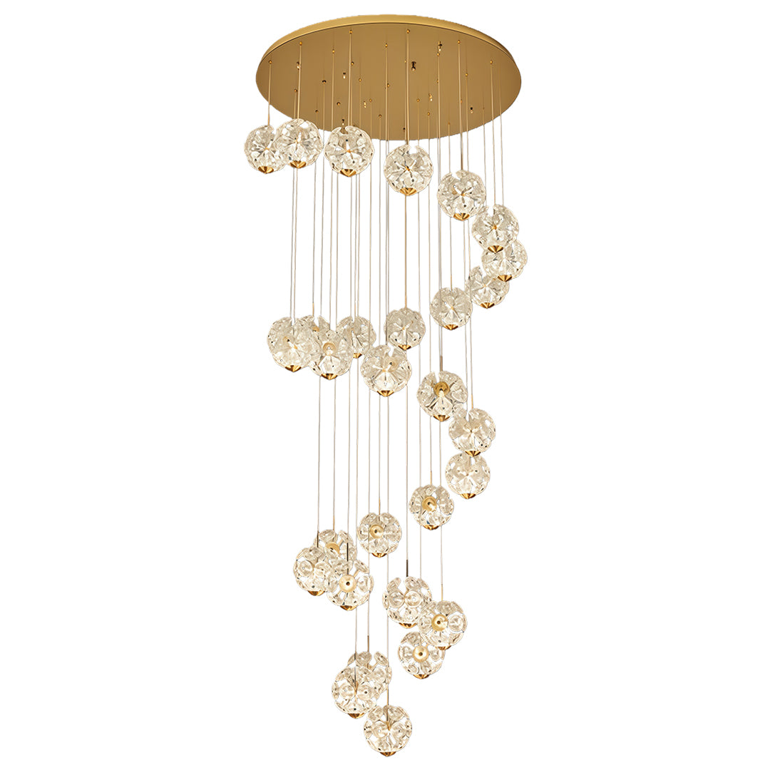 Five-layer staircase crystal chandelier with crystal balls arranged in a spiral.