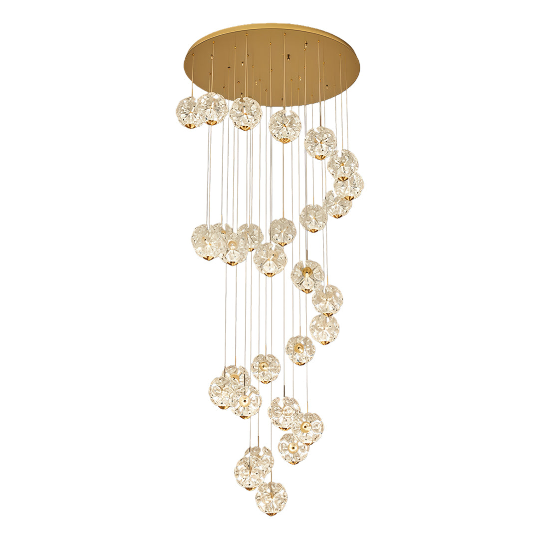 Four-tier gold spiral staircase crystal chandelier with multiple hanging crystal balls.