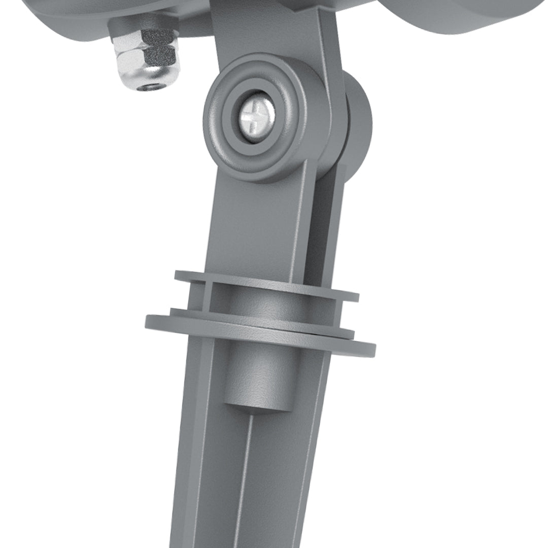 Adjustable mounting bracket system for spotlight showing tilt and rotation mechanisms